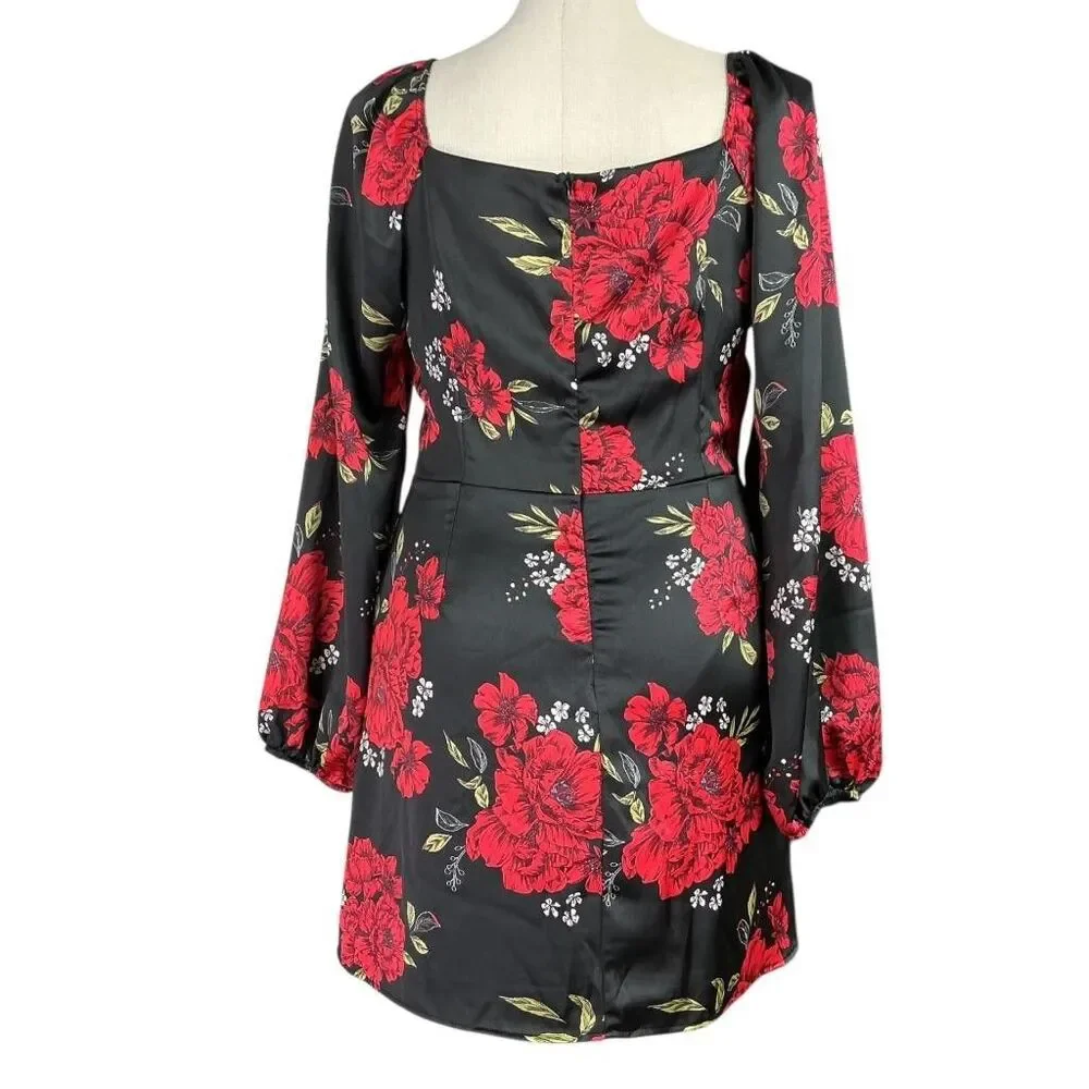 Lulus Mini Dress Women XL Black Red Satin Floral Invitation Long Puff Sleeve - Picture 6 of 7